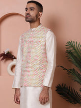 Floral Printed and Embroidered Nehru Jacket for Men-JOWC-4100Yellow